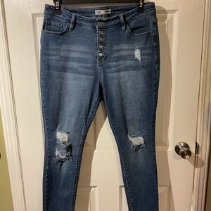 YMI Dream Denim High Rise Distressed Button Fly Stretch Cropped Jeans